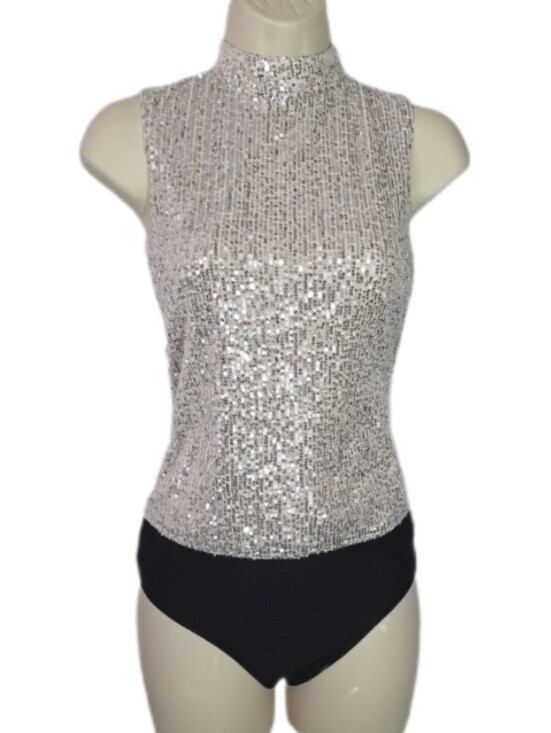 7 For All Mankind Tops - 7 for all mankind Sleeveless Sequin Tank Style Mock Neck Bodysuit Silver Size M